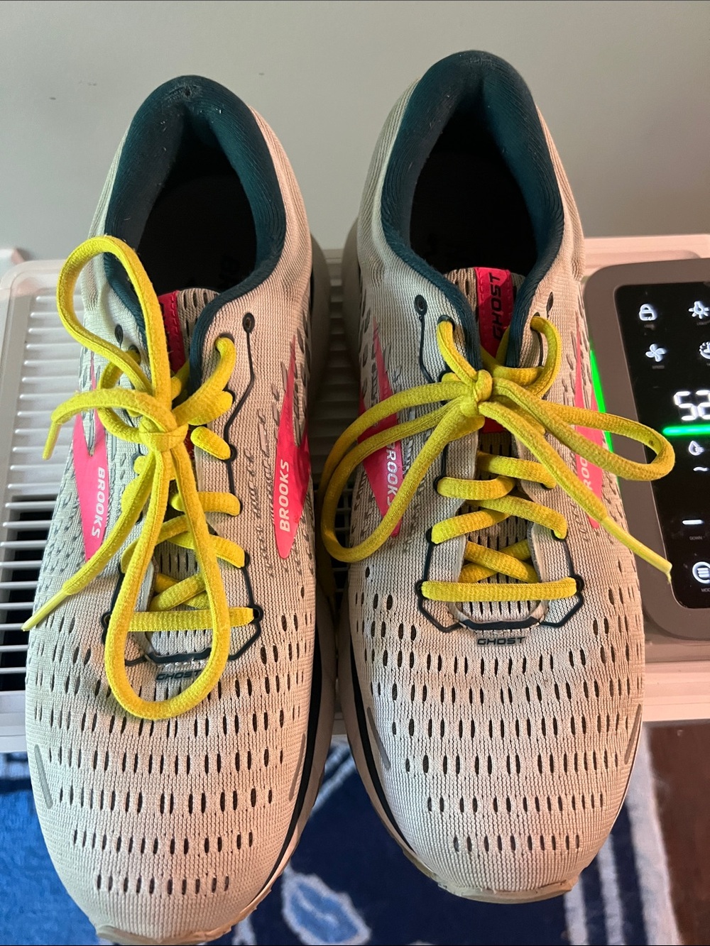 Brooks Beige Running Shoes with Yellow Laces and Pink Accents
